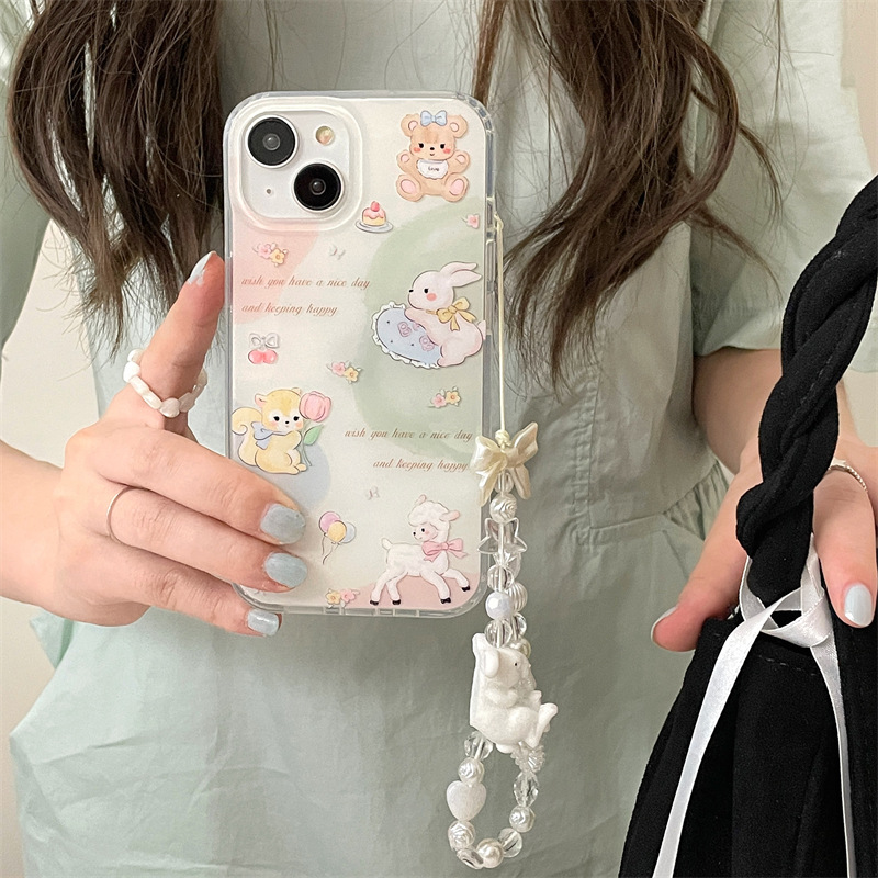 卡通可愛小綿羊鏈條適用iphone15Promax蘋果14手機殼13女12雙層11