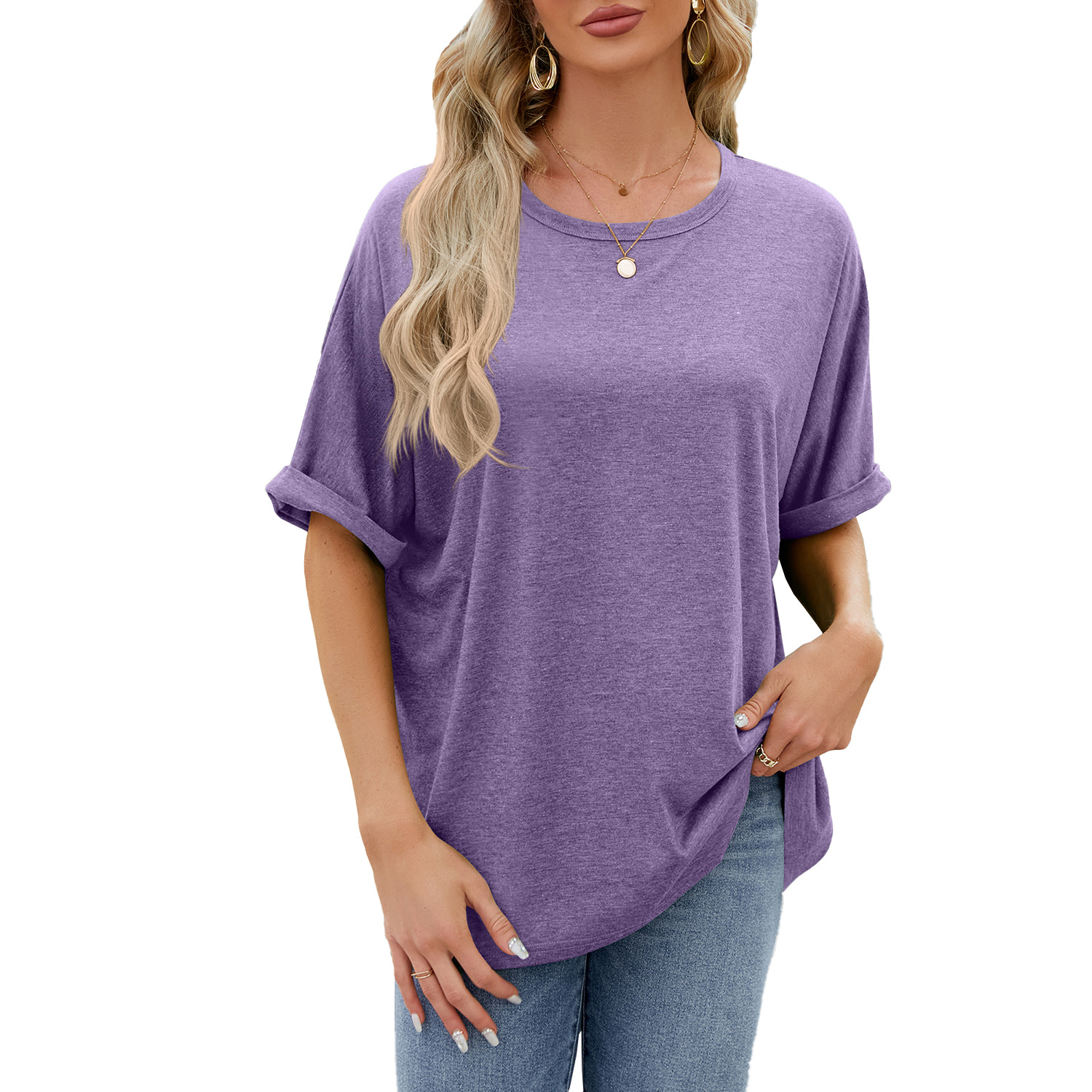 Amazon European and American cross-border foreign trade 2024 spring and summer new solid color round neck loose short sleeve T-shirt top for women in stock