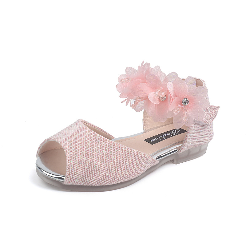 Children's peep toe Princess sandals summer new girls' sandals Pearl Flower Fashion soft bottom flat sandals