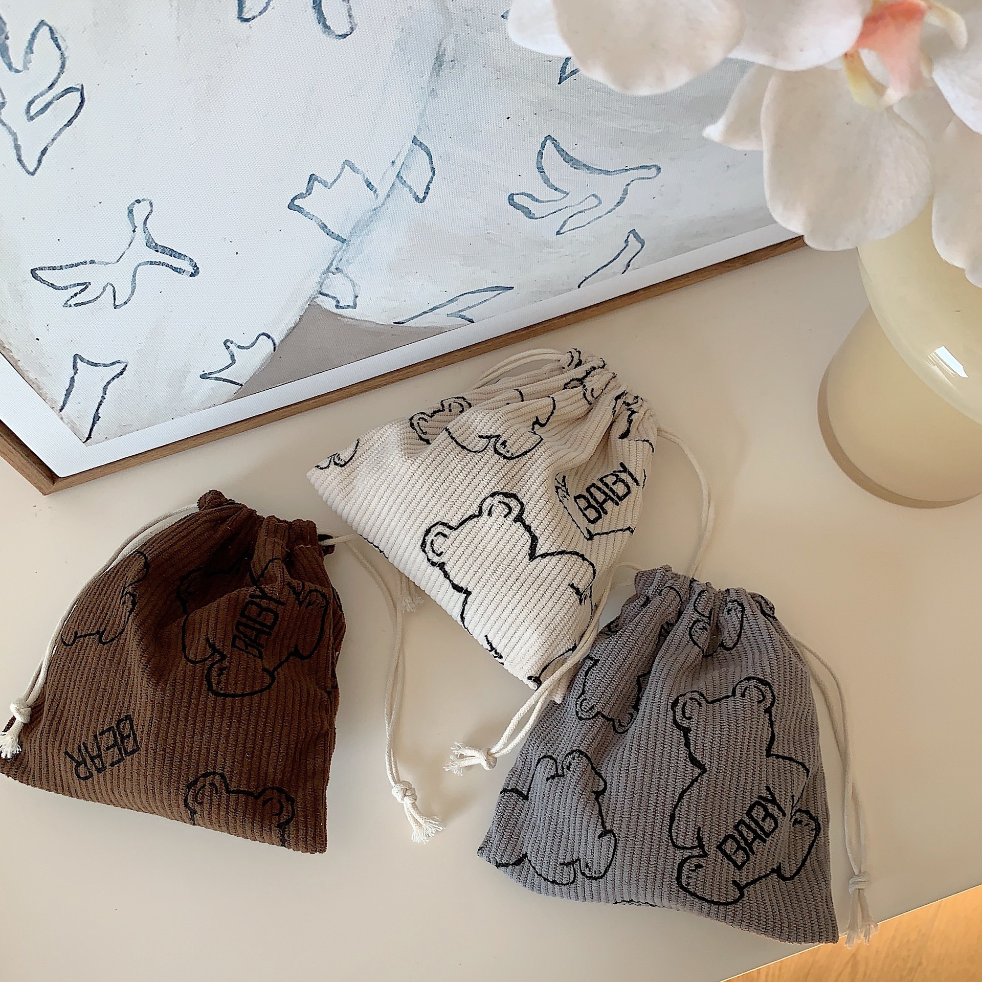 3261 corduroy baby bear storage bag cosmetic sundries organizing bag small drawstring drawstring bag