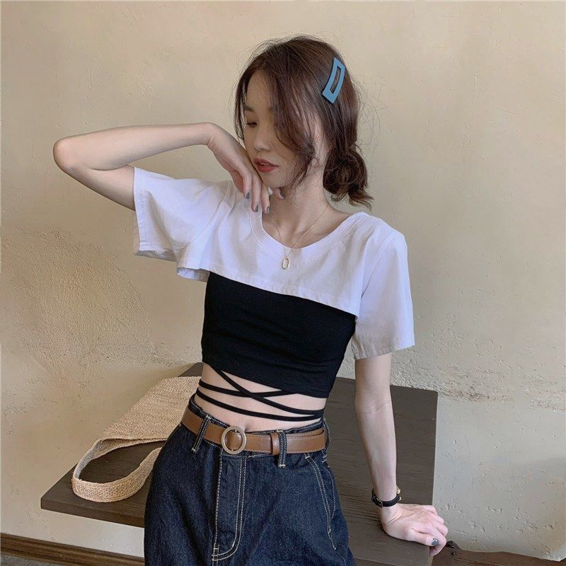 Solid Color Cotton Super Short Short Sleeve T-shirt Women's Summer New Simple Korean Style Design Sense Niche Blouse Hot Girl Top