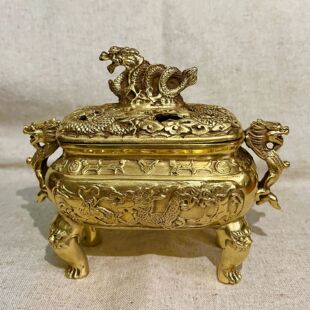 Factory in stock antique wholesale retro bronze crafts brass dragon incense burner golden home decoration