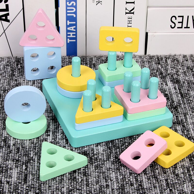 Children's geometric shape matching intelligence development four sets of column building blocks Montessori teaching aids 1-3 years old wooden educational toys