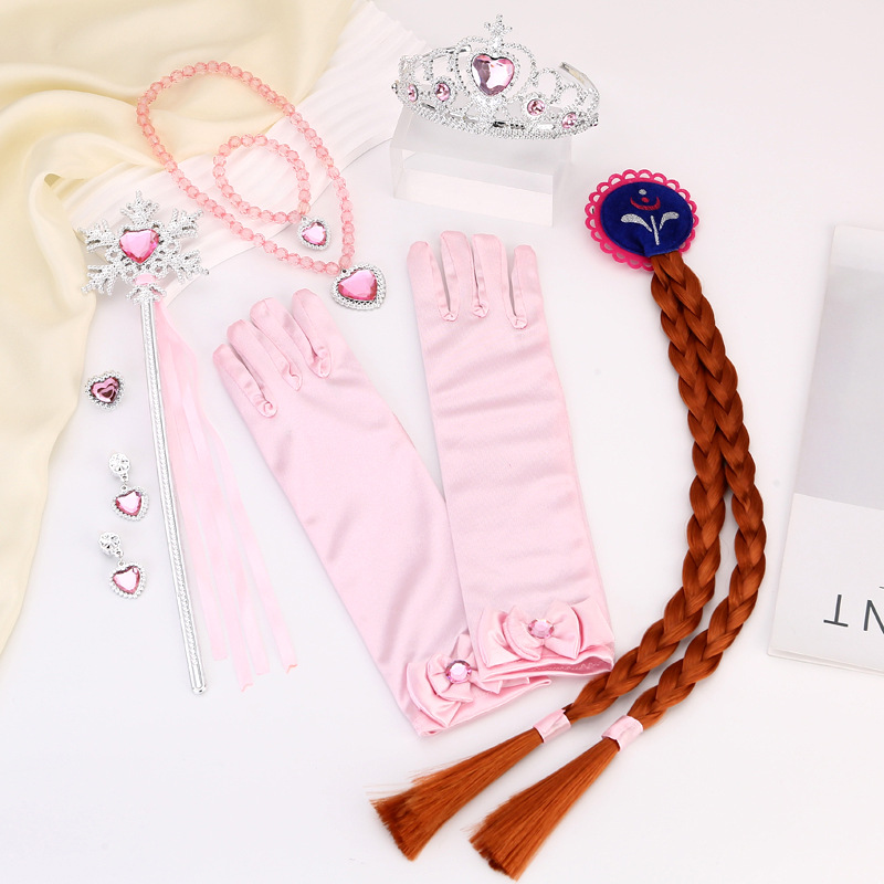Cross-border in stock Children's headdress three-piece Princess wig Aisha printed gloves Crown magic stick braid suit