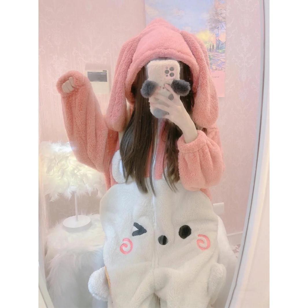 Winter soft girl rabbit pajamas fleece-lined thickened coral fleece cute one-piece pajamas female cartoon small homewear