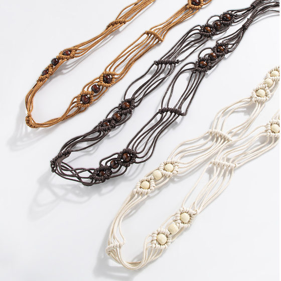 Bohemian Style Flower Woven Knot Ethnic Style Handmade Wooden Beads Women's Belt Leisure Holiday Style Beautiful Waist Rope