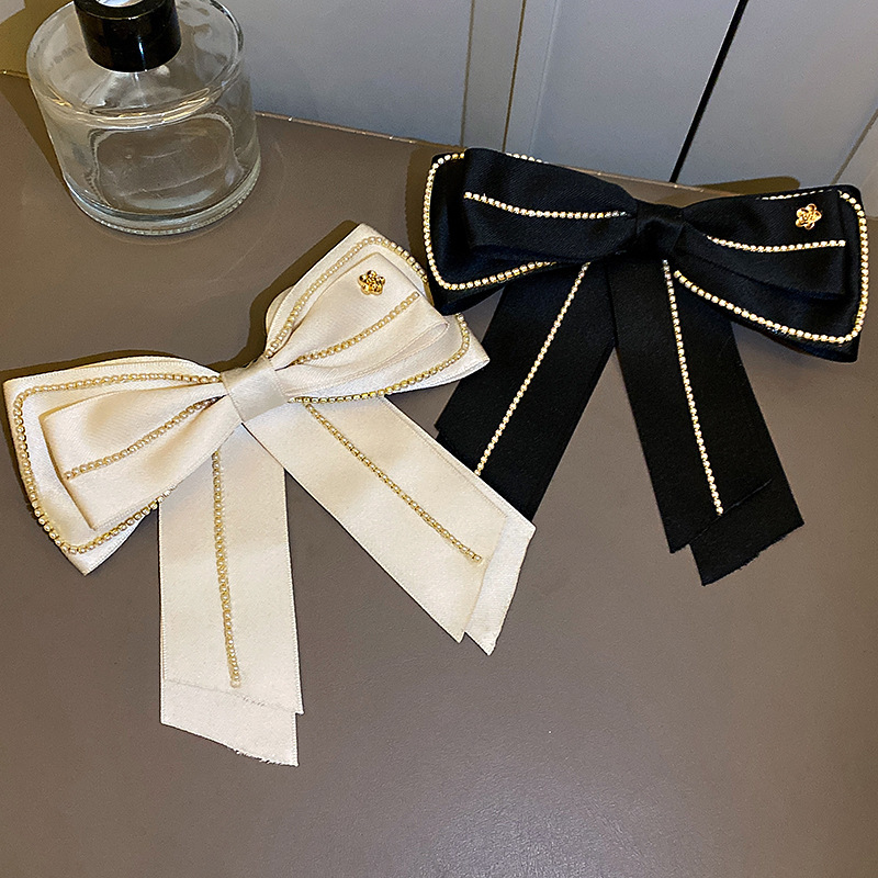 2021新款夏季珍珠鏈條花朵蝴蝶結髮夾女後腦勺氣質飄帶彈簧夾髮飾