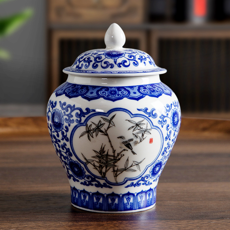 Fine Ceramic Tea Jar High-grade Blue and White Porcelain General Jar Large Household Sealed Storage Half Jin One Jin Jar