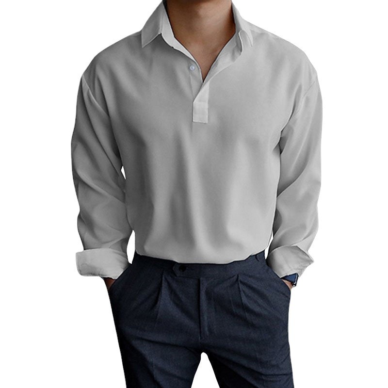 Spring and autumn lapel solid color new pullover lapel shirt men's long sleeve shirt top