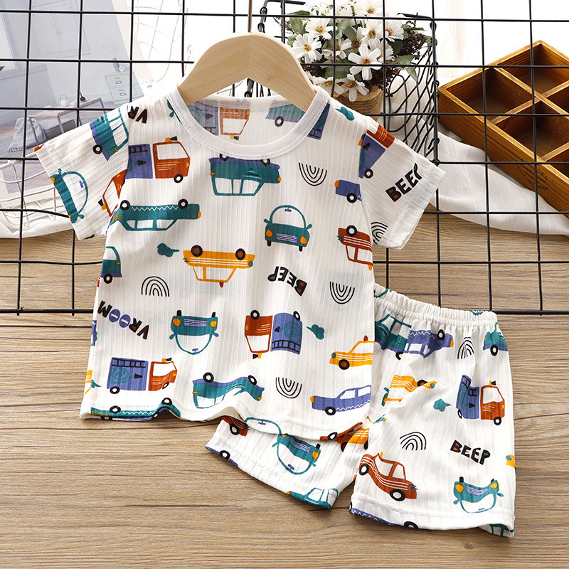Children's Summer Clothes Baby Ice Silk Short-sleeved Set Baby's Thin Pajamas Boys' Air-conditioning Clothes Girls' Two-piece Set for Summer