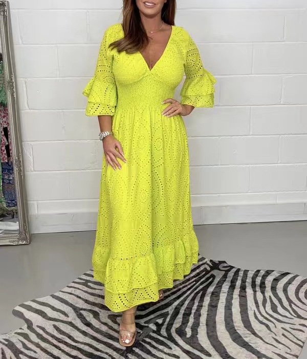 2023 Amazon wish independent station cross-border new fashion foreign trade loose high waist embroidered solid color dress
