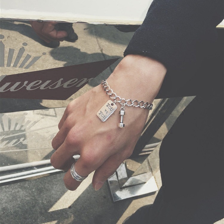 European and American Korean ins style men's and women's hip hop chain retro inspirational fitness YOU and ME dumbbell square bracelet punk style
