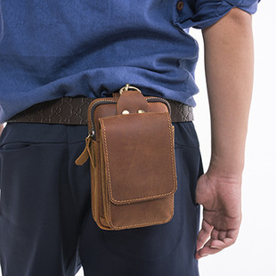 Men's Genuine Leather Waist Bag Trendy Men's Outdoor Sports Top Layer Cowhide Bag Crazy Horse Leather Multifunctional Hanging Belt Mobile Phone Bag