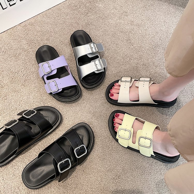 2024 Summer New Korean Style Thick Sole Roman Shoes for Women, Retro Round Head Double Strap Casual Flat Sandals