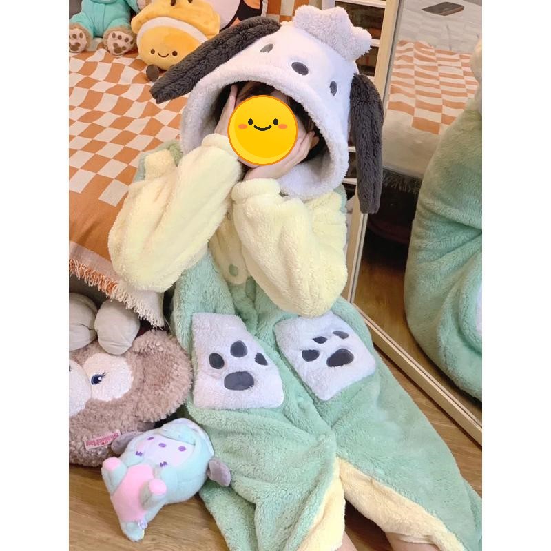 Cute Parchal Dog Pajamas Autumn and Winter Women's Coral Fleece Thickened Nightgown ins Style Outwear Hooded Home Suit