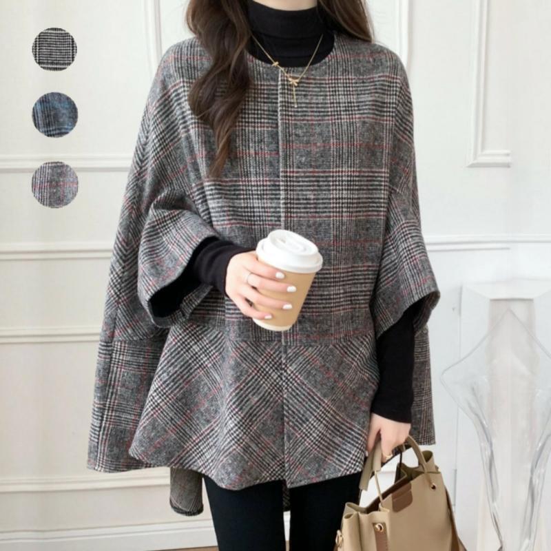 Mid-length cardigan round neck plaid coat cape for women 2024 autumn and winter New Korean style fashion trendy coat for women_voghion.com