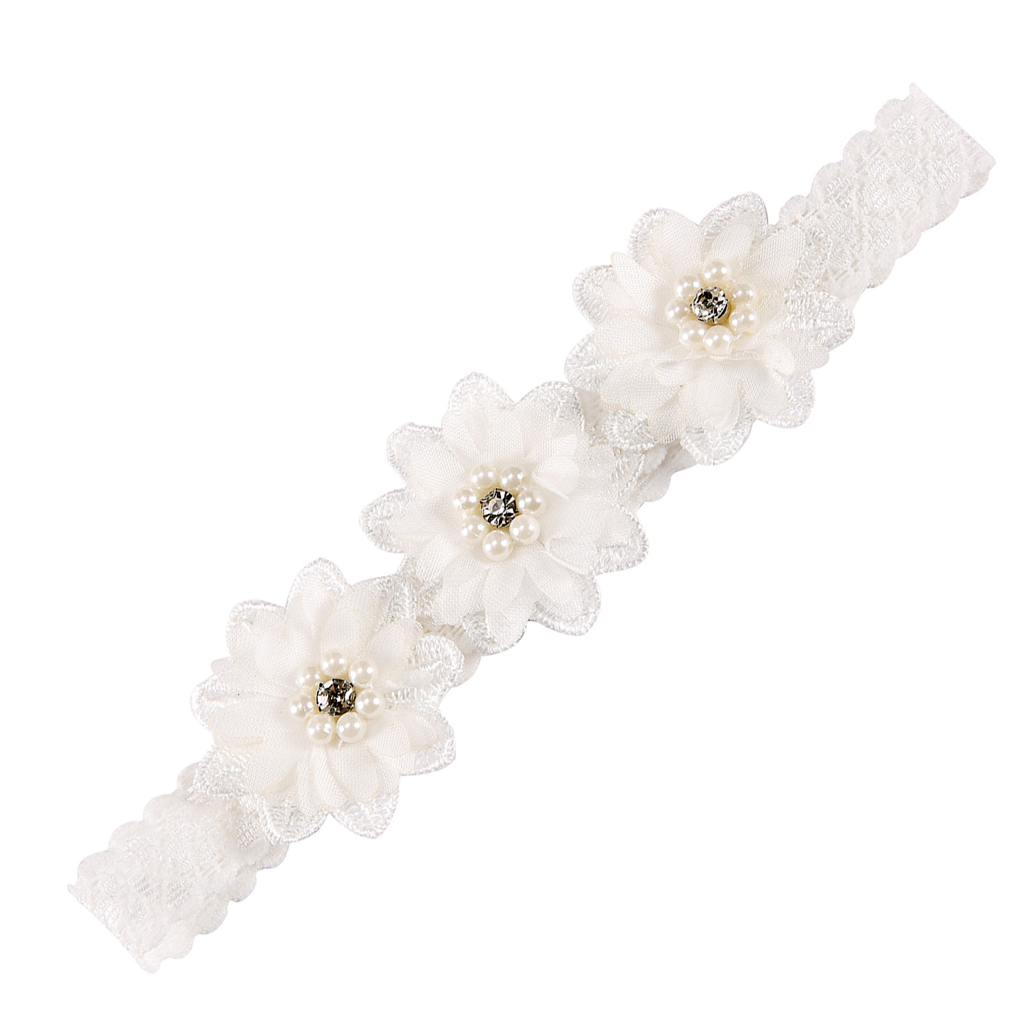 European and American New Children's Hair Band Handmade 3 Pearls Water Dissolved Flower Headband Baby's Headwear Chiffon Flower Elastic Hair Band