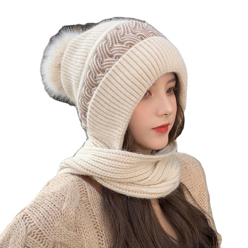 韩版围巾一体围脖帽女韩版冬季保暖 毛线帽骑车护耳加绒针织帽