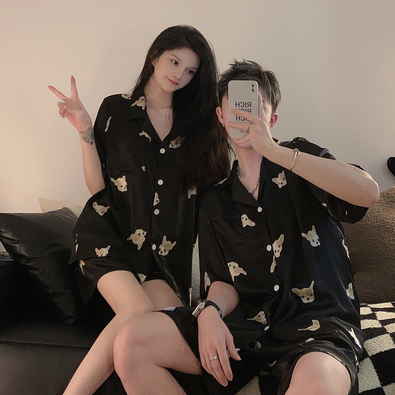 Couple pajamas women's summer ice silk little milk dog short sleeve can be worn outside 2023 new summer Silk men's suit