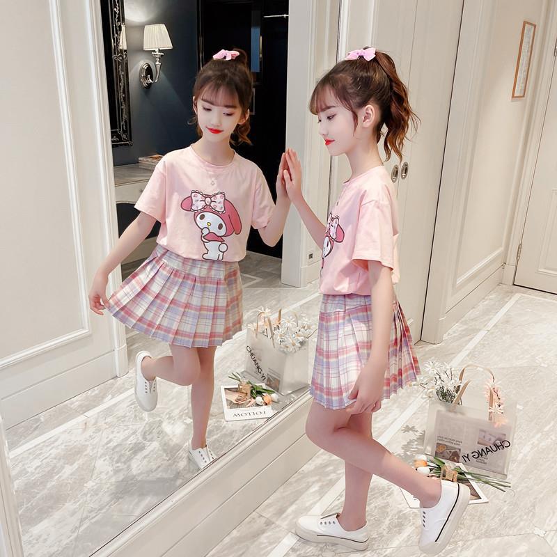 Girls pure cotton short-sleeved suit summer  new children's jk skirt summer suit big children T-shirt two-piece set