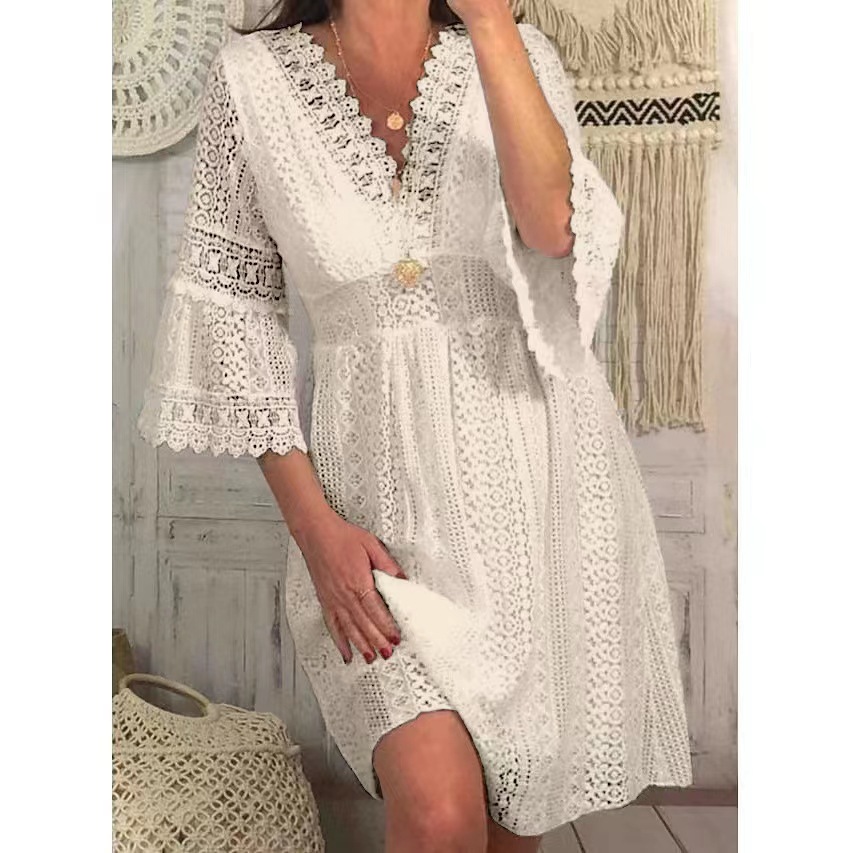 Amazon 2023 Spring New Lace Dress European and American Foreign Trade V-Neck Hollow Lace Flare Sleeve Dress