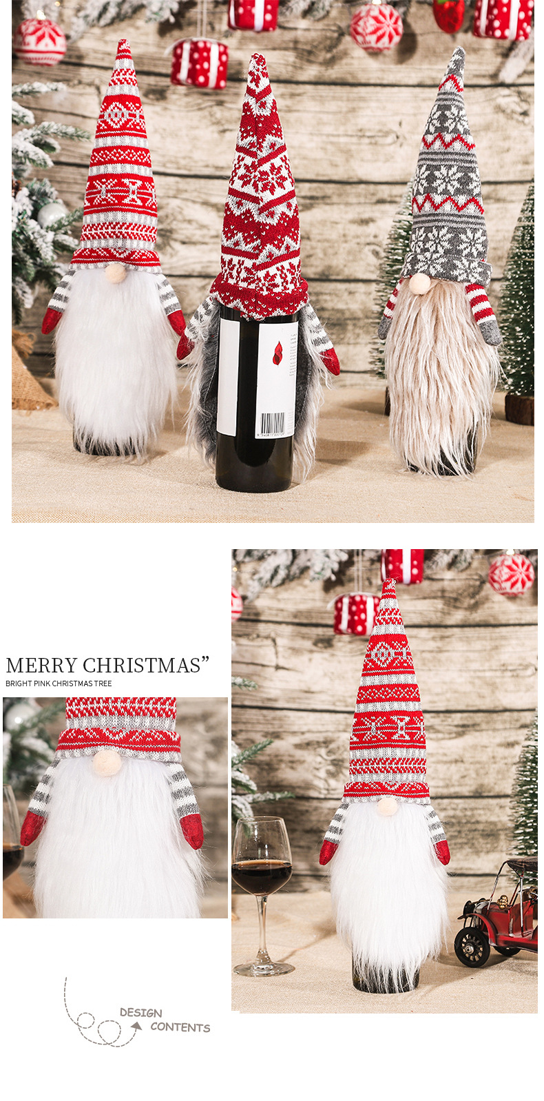 Christmas Decoration Knitted Wool Flatherless Old Man with Long Beard Wine Bottle Cap Wine Bottle Set Home Festivals_voghion.com