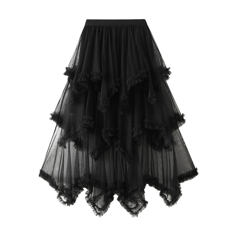 Ear Edge Irregular Mesh Cake Skirt Mid-length High Waist Large Puff Fairy Veil Skirt 1279