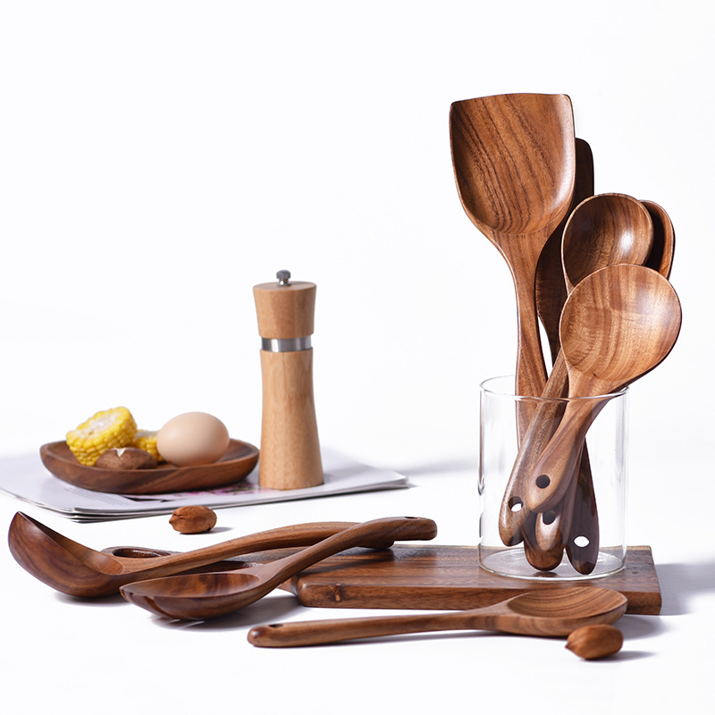Acacia Wood kitchenware factory wholesale teak spatula spoon seven-piece set wooden non-stick pan cooking spatula household cooking wood soup