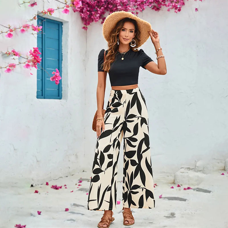 Cross-border Foreign Trade Leaf Printed Casual Pants Wide-leg Pants Short-sleeved Spring and Summer Two-piece Tight-fitting Navel-exposed T-shirt Pants Set