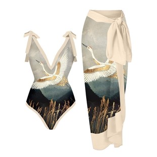 Ins style hot swimsuit in stock sexy one-piece printed swimsuit women's European and American two-piece lace skirt suit wholesale