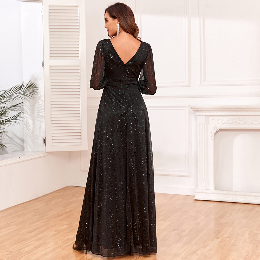 New European and American Long Perspective Sleeve Stitching Long Dress V-Neck High Split Big A Sparkling Full Lining Quality Evening Dress