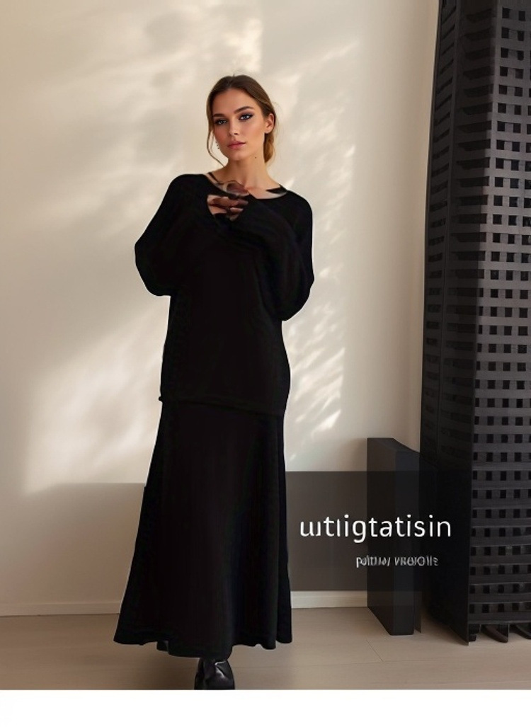2024 autumn and winter New European and American style elegant knitted suit women's off-shoulder sweater top elastic waist fishtail skirt_voghion.com