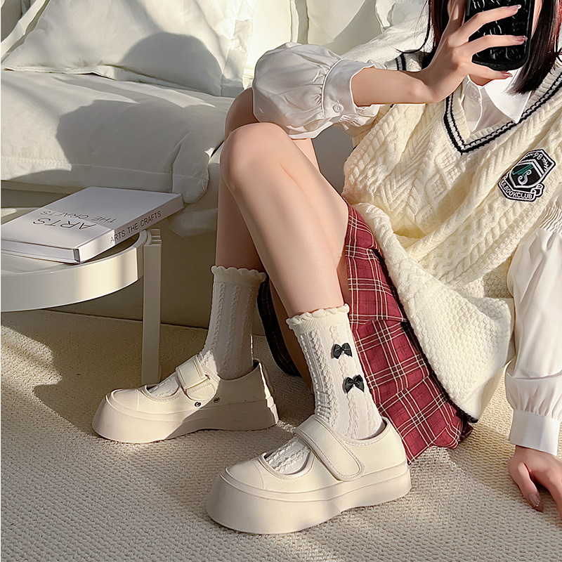 Japanese Versatile Black and White jk Stacks Sweet Girl Style Lace Socks Cute Bow Student Mid-Size Socks