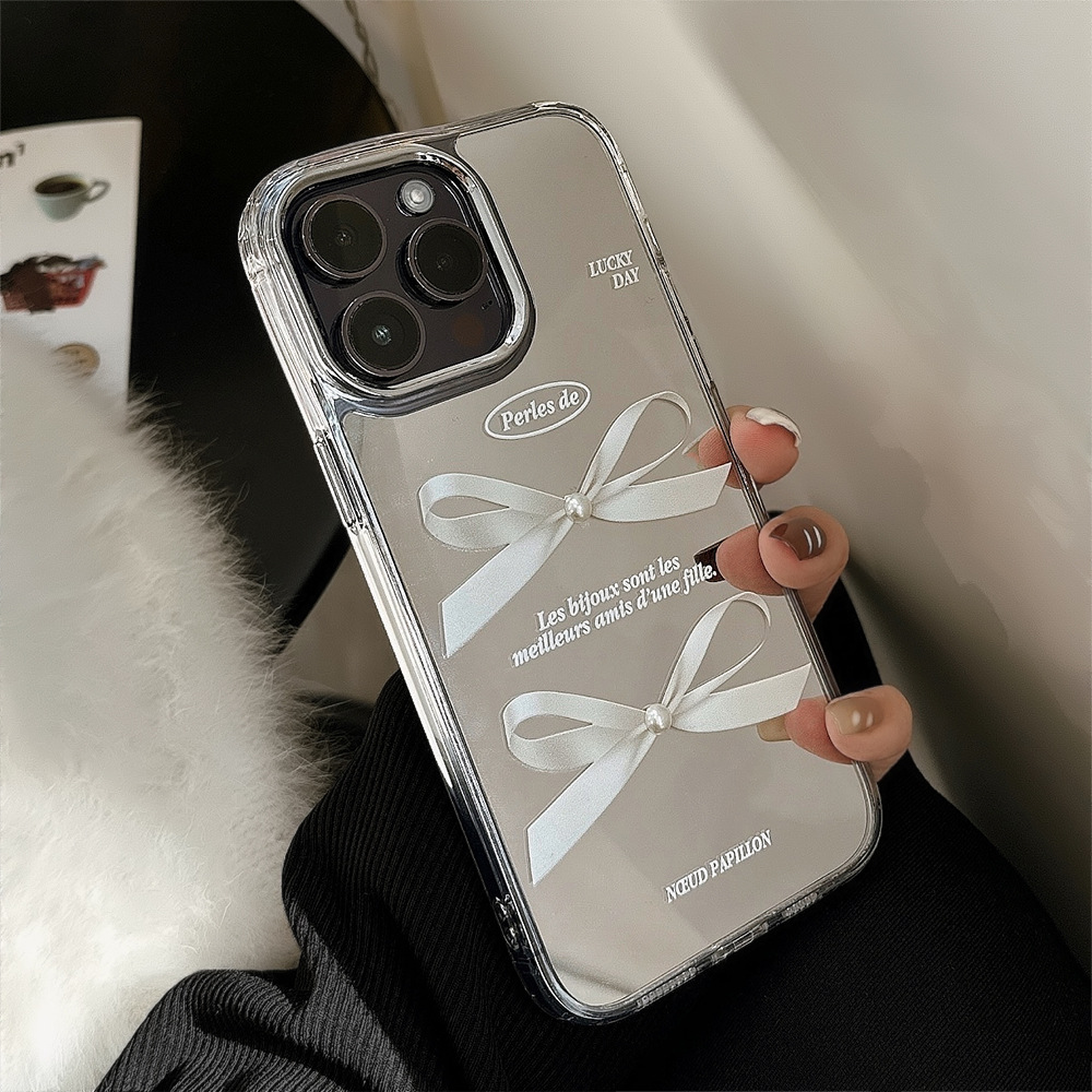 Mirror surface suitable for Apple 14pro mobile phone case max three-dimensional pearl bow iphone15 temperament 13 anti-fall 11