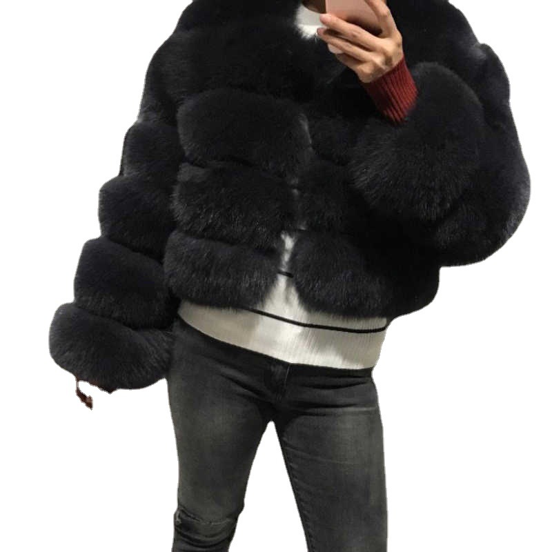 European and American new faux fox fur coat women's short round neck wholesale Women's fur slim top in stock