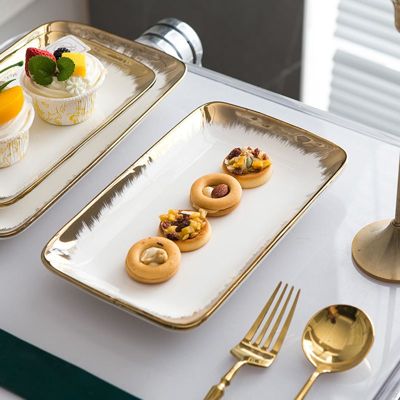 Simple light luxury Western plate steak cake snack plate restaurant banquet household dish golden edge ceramic plate fruit plate