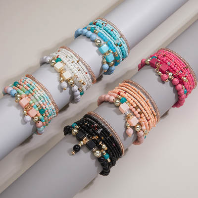 eBay hot selling Bohemian ethnic style multi-layer rice beads bracelet creative turquoise elastic beaded bracelet suit