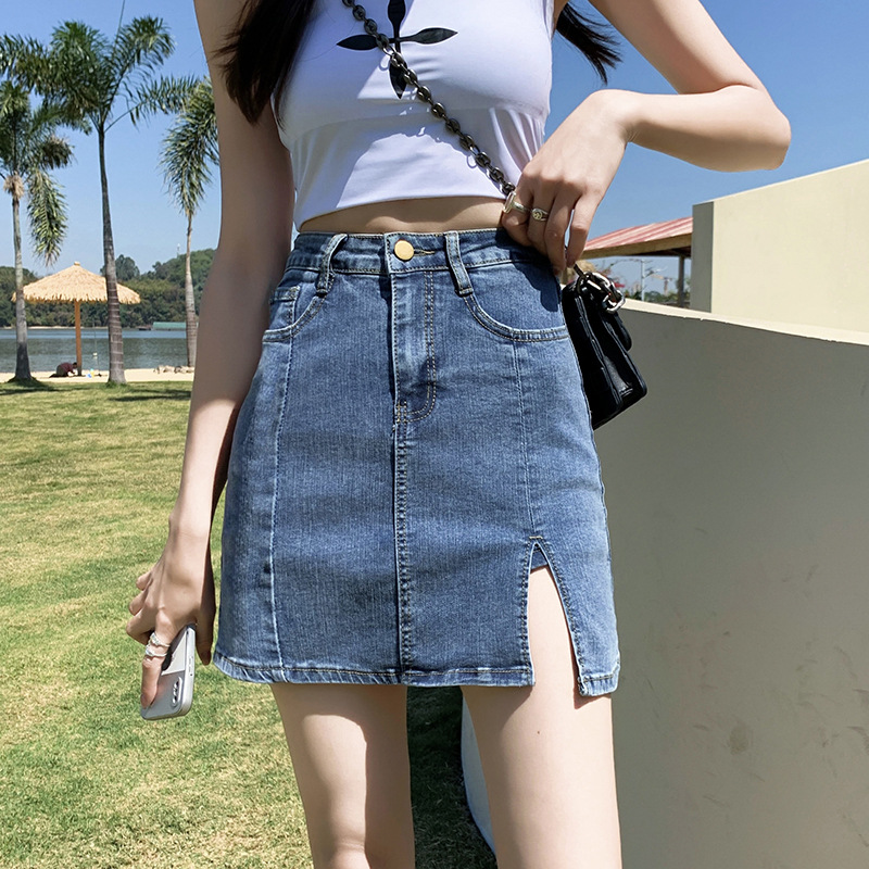 Denim Short Skirt Women's New ins Summer High Waist Split Elastic Half-length Retro Hip-wrap Skirt Anti-glare A- line Pants Skirt