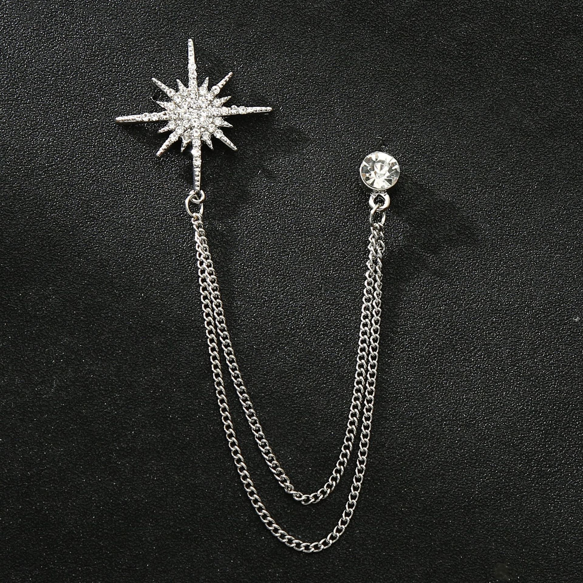Fashion men's chain five-pointed star brooch full diamond crown notes with chain personality suit accessories collar pin