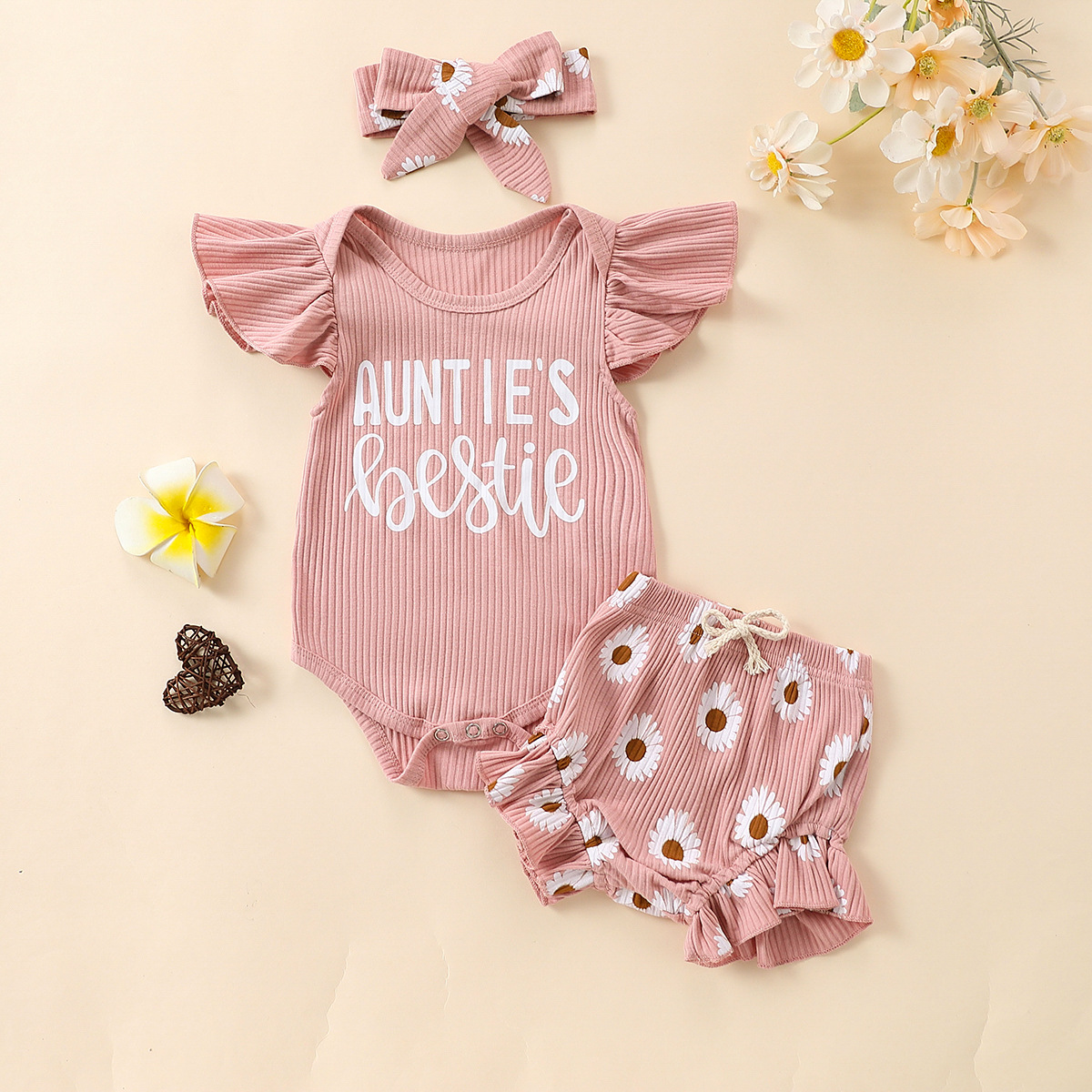 Cross-border Baby Girls Summer Pink Cute suit Clothes False Drawstring Shorts Two-piece Set E2336A