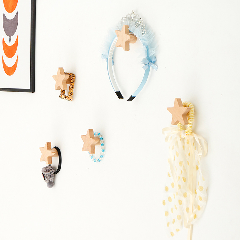 Creative Wooden Animal Star Hook Sticky Hook Solid Wood Scandinavian ins Style Wall Hanging Decorative Handle Clothes Hook