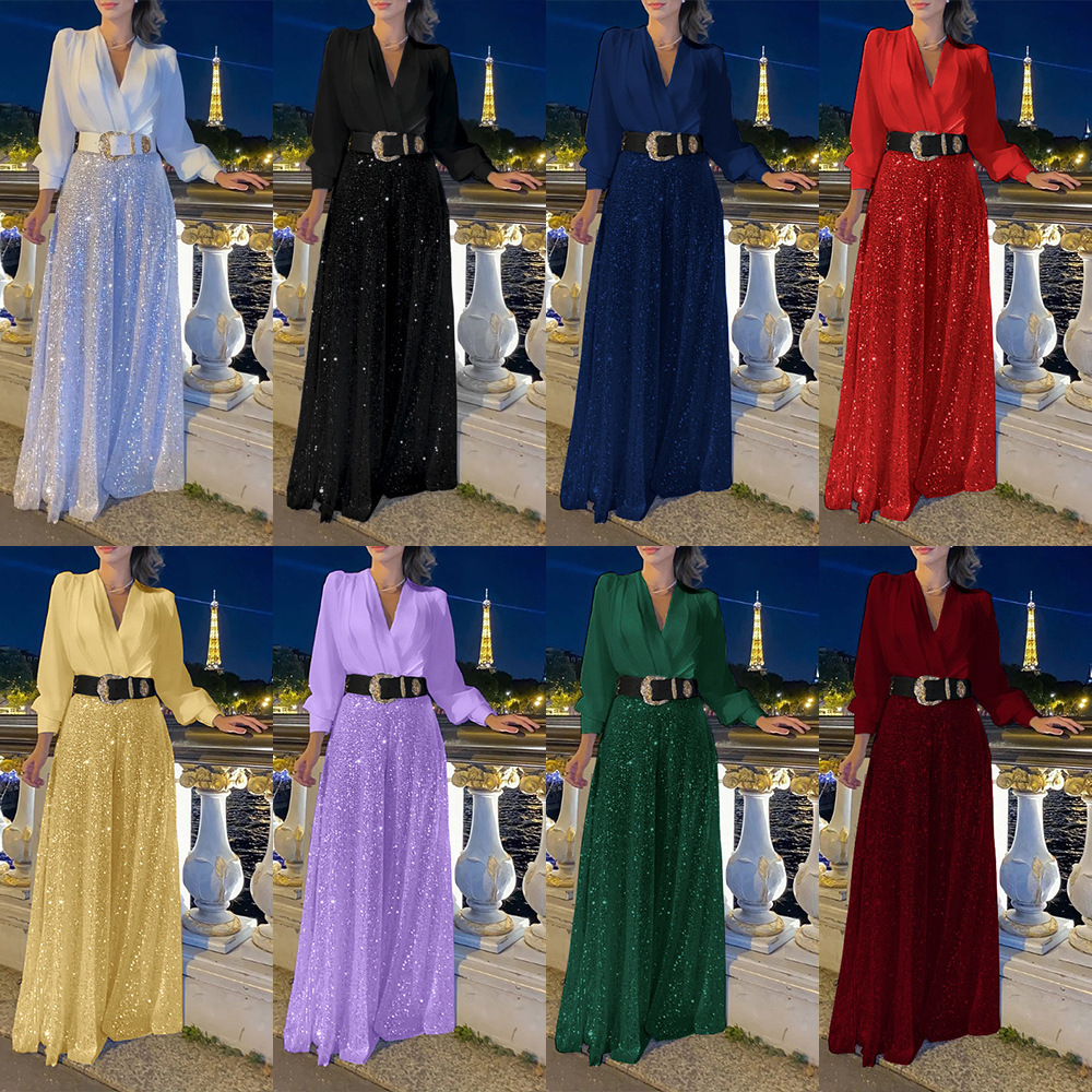 Cross-border European and American new fashion V-neck long-sleeved shirt elegant waist slimming sequined wide-leg pants-with belt