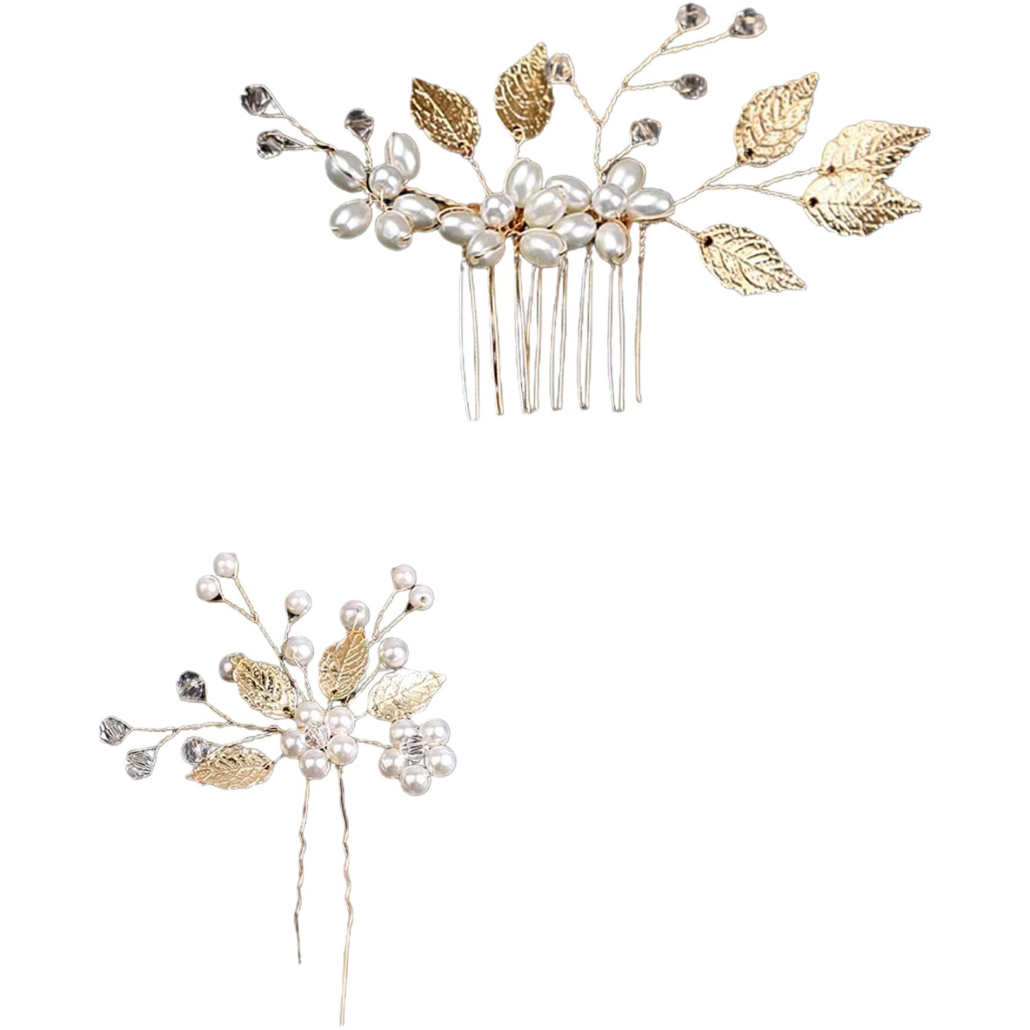 A group of 4 gold leaf pearl hairpin combination suit bride