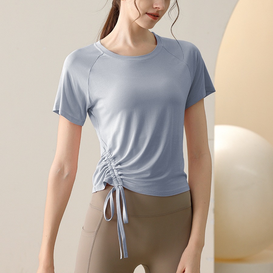 New summer yoga clothes drawstring sports short-sleeved top women's running fitness professional Pilates training T-shirt blouse