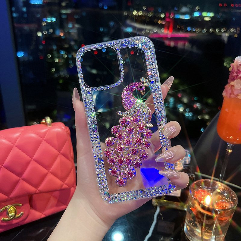 適用蘋果15pro手機殼水鑽孔雀iPhone14奢華13防摔12全包女保護套