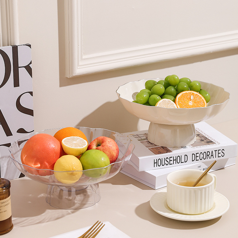 Desktop cream style fruit plate plastic plate large capacity draining high leg fruit snack fruit plate silver-plated edge fruit plate
