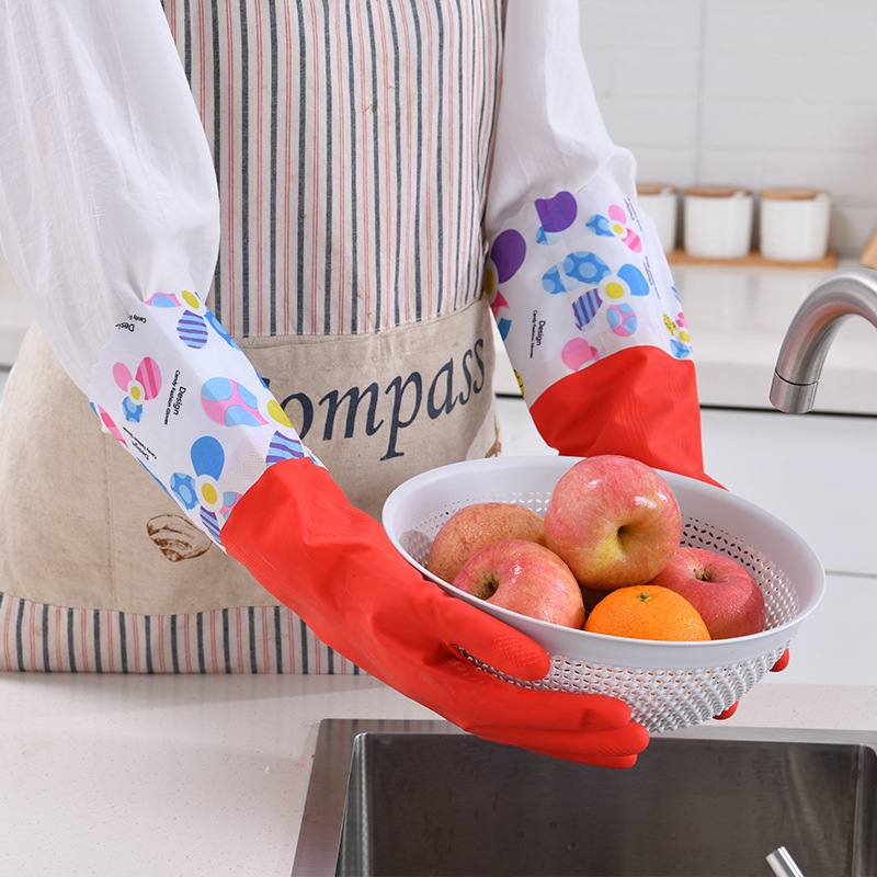 Kitchen gloves household dishwashing gloves latex rubber clean heat insulation housework female manufacturers supply velvet long