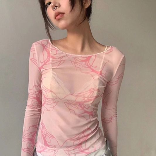 Pure Desire Hot Girl Pink Tie-Dye Slim Tulle Inner Bottoming Shirt for Women Spring and Summer New Temperament Long Sleeve Versatile T-Shirt