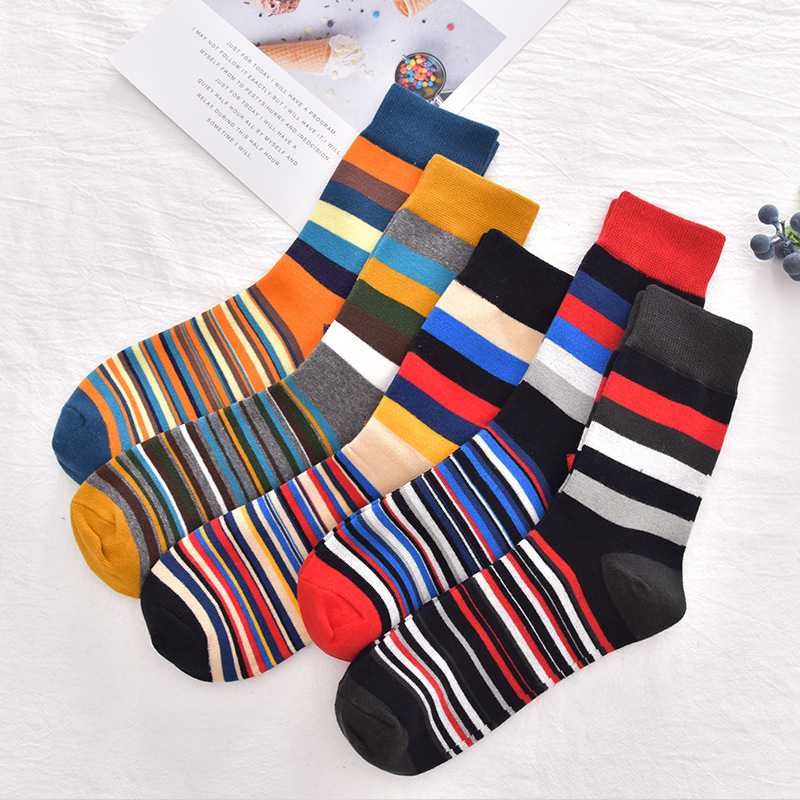 Spring, autumn and winter classic colorful thick and thin striped men's socks mid-calf men's cotton socks geometric fashion men's cross-border socks factory