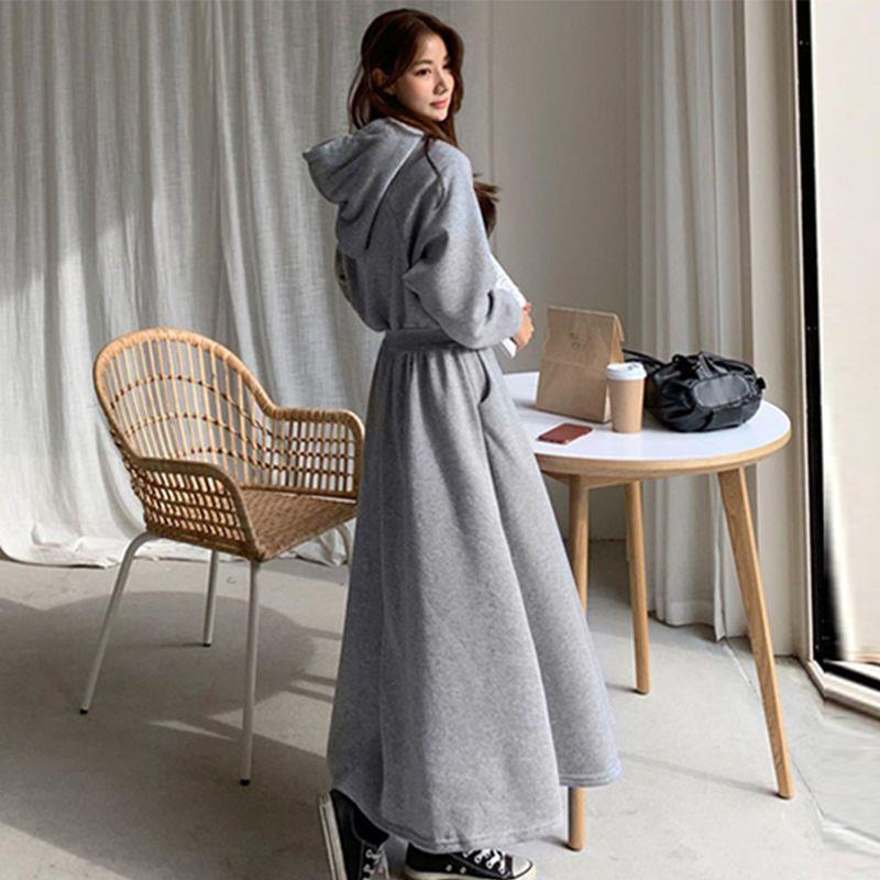 Autumn and winter sweater dress South Korea cross-border new hooded plus size slimming waist-tight student solid color dress women's clothing dress